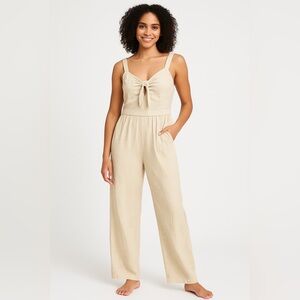 Monteau Los Angeles Beige Smocked Jumpsuit Rayon/Linen Blend – Size M ARE